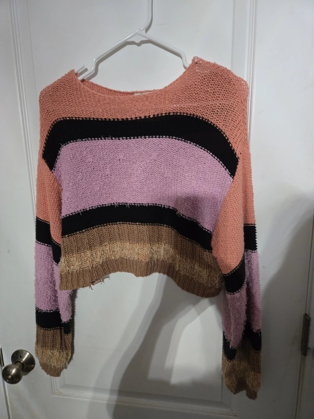 Urban Outfitters Striped Cropped Crewneck Sweater in Pink, Peach & Tan